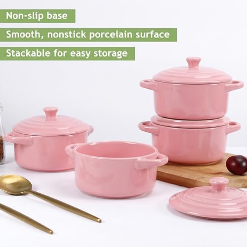 4 Piece Mini Cocotte Set, 16 oz Individual Baking Ramekins, Pink