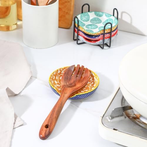 Selamica 4.8 Inch Ceramic Spoon Rest with Holder, Set of 4, Assorted