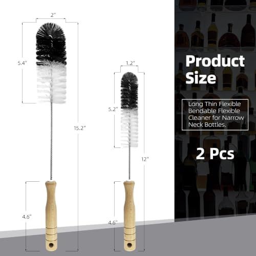 2 Pcs Bottle Brushes Set with Wooden Handle, Long Thin Flexible