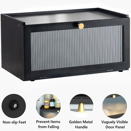 ETMI Black Bread Box for Kitchen Countertop - Modern bamboo Bread box with Window Bread Storage Container