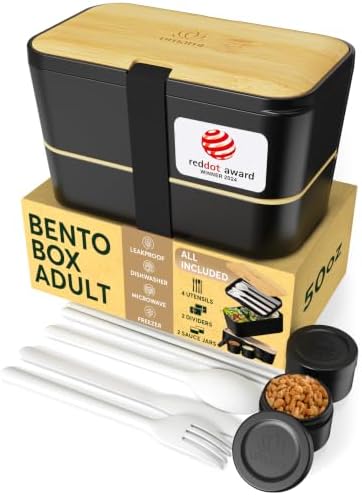 Umami Bento Box Adult, Stackable Lunch Box, 50 oz, Black& Bamboo