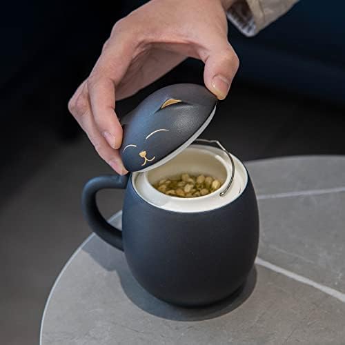 HEER Black Cat Ceramic Tea Mug 13.5oz with Infuser and Lid, Black