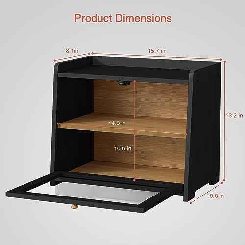 Goozii Bread Box for Kitchen Countertop, 2 Tier Large Breadbox Modern Black