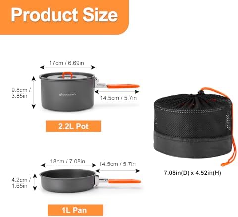 Odoland 15pcs Camping Cookware Mess Kit, Lightweight Pot Fry Pan Set