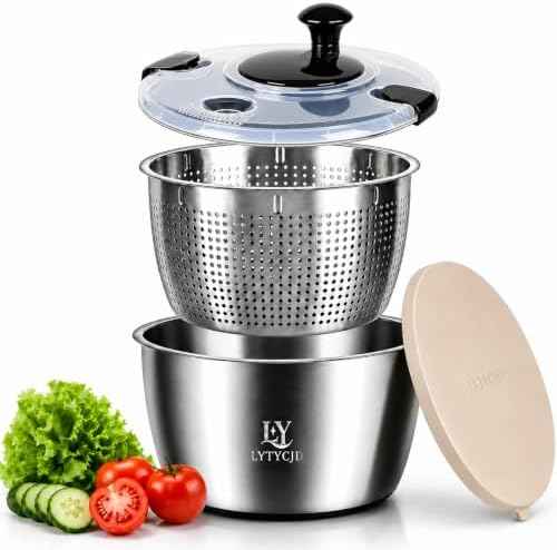 Large Salad Spinner 5.3 Qt with Stainless Steel Basket & Storage Lid, Black