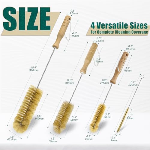 Boar Bristle Bottle Brush Set (4 Pack) - Straw & Water Bottle Cleaner