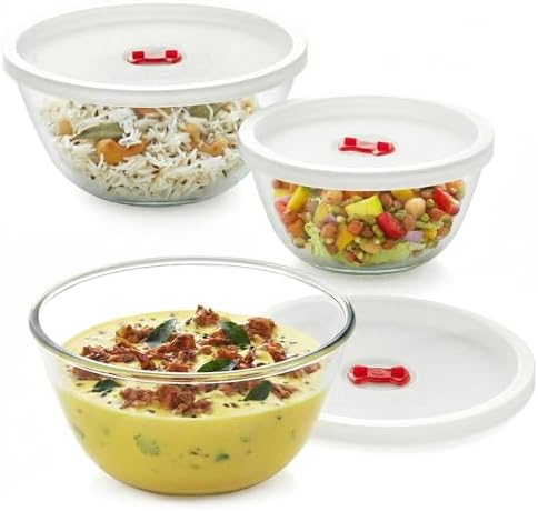 Borosil Glass Mixing Bowl with lid - Set of 3 (500 ML + 900 ML + 1.3L)