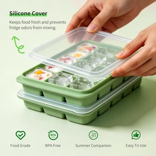 Ice Cube Trays with Lid, 2 Packs 30 Cubes Durable Stackable Flexible