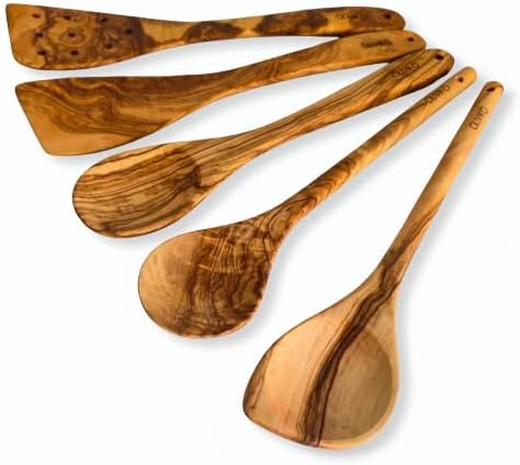 OLIVIKOTM 100% Olive Wood HANDMADE 5 Spoon Set | Ideal for Nonstick