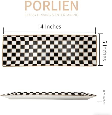 Porlien 14-inch Checker Black and White Rectangle Serving Platters Set