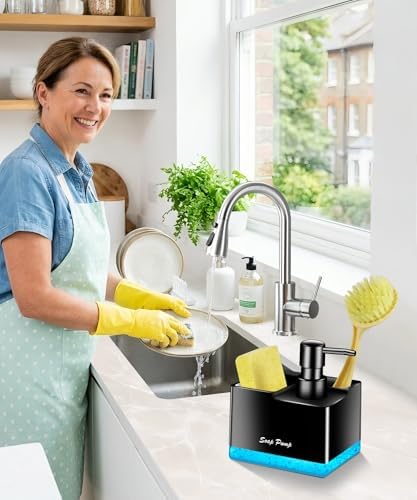 Dish Soap Dispenser with Sponge Holder, 3-in-1, Black