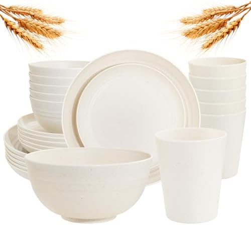 Rubtlamp 24 Pcs Wheat Straw Dinnerware Sets, Unbreakable Reusable