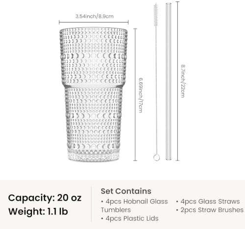 INSETLAN 20 oz Hobnail Glass Cups with Lids and Glass Straws