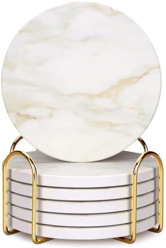 White Marble Style Ceramic Coasters Set of 6 with Holder Absorbent