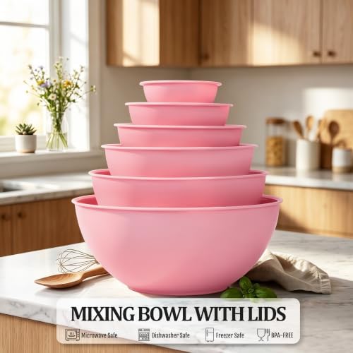 BoxedHome BPA Free Plastic Round Mixing Bowl with Lids, 12 Pack