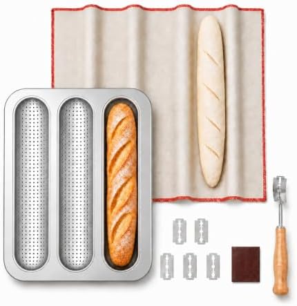 Silver 3-Slot Nonstick Carbon Steel Baguette Bread Baking Pan Set