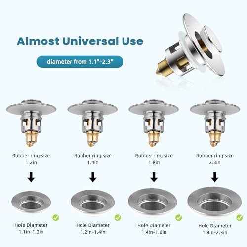 Universal Metal Bathroom Sink Drain Stopper, 2-in-1 Pop Up, Chrome