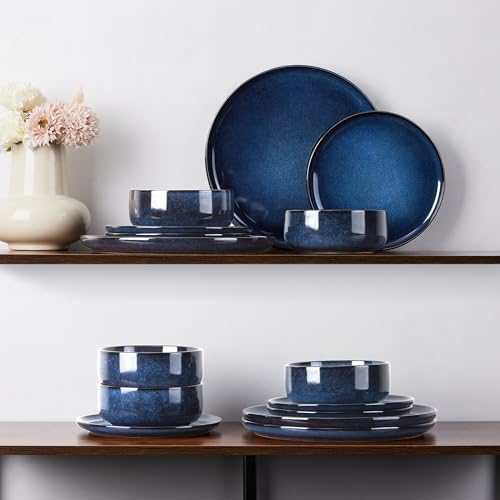 E-far Dinnerware Sets for 4, 12-Piece Stoneware Plates and Bowls Set