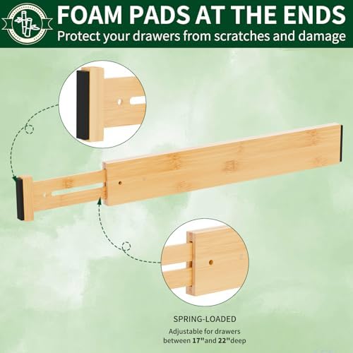 Dunruz Bamboo Drawer Dividers 2.6" High,17"-20" Adjustable Spring