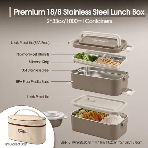 Kabbas 18/8 Stainless Steel Bento Box for Kids & Women – 66 Oz