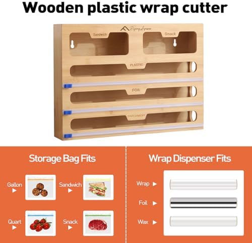 APSARAS USA 5 in 1 Bamboo Foil and Plastic Wrap Organizer for Kitchen Drawer, Ziplock Bag Organizer, Saran Wrap Dispenser with Cutter, Plastic Bag Organizer, Food Storage Bag Organization