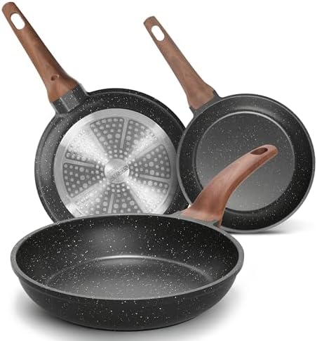 YASHE 3Pcs Granite Nonstick Frying Pan Set(8/9.5/11 inch) Induction Ready