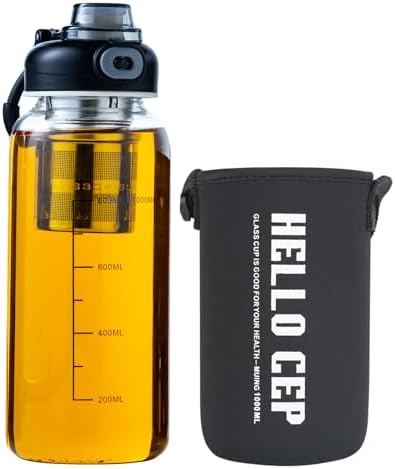 34oz Glass Water Bottle with Capacity Mark & Sleeve, BPA-Free Tea