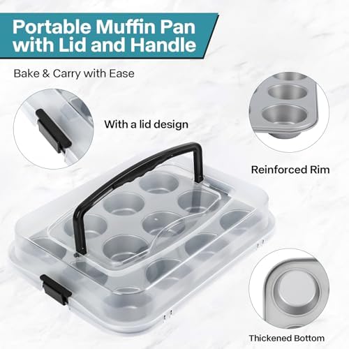 2-Pack Cupcake Pan with Lid, 12-Cup Nonstick Muffin Pan with Handle