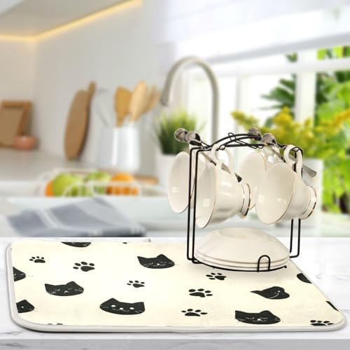 OTVEE Cute Cat Art Dish Drying Mat for Kitchen Counter Absorbent Heat