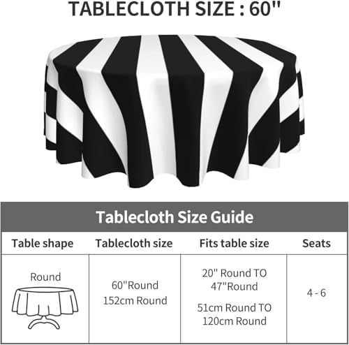 Black White Stripes Round Tablecloth 60 Inch Washable Reusable