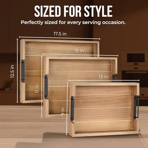 Flexzion Rustic Wooden Serving Trays Set of 3 with Handles, Stackable