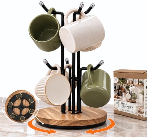360° Rotating Mug Holder, 6-Hook Coffee Mug Tree w/Wood Base for Large