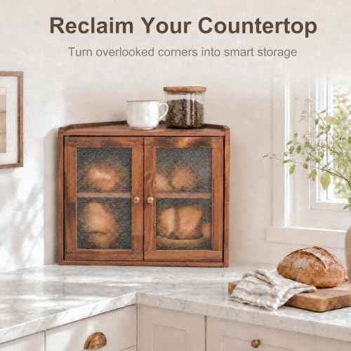 Sunhoo Corner Bread Box for Kitchen Countertop, Wooden 2-Tier Bin, Brown