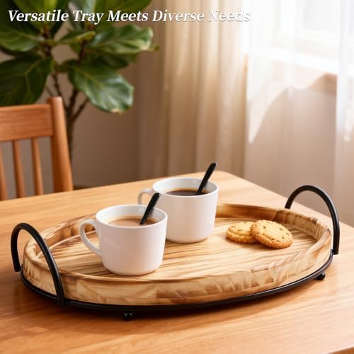 14.5" x 10" Round Wood Serving Tray with Metal Handles