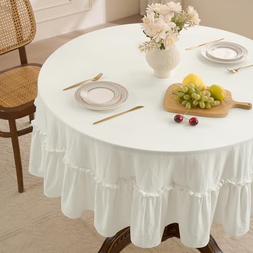Romanstile Ruffled Round Tablecloth, White, 70 Inch