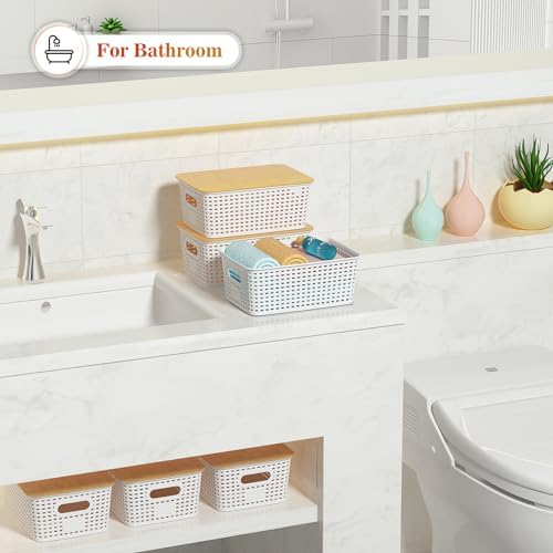 Ohmlove 6-Pack Plastic Storage Baskets with Bamboo Lids