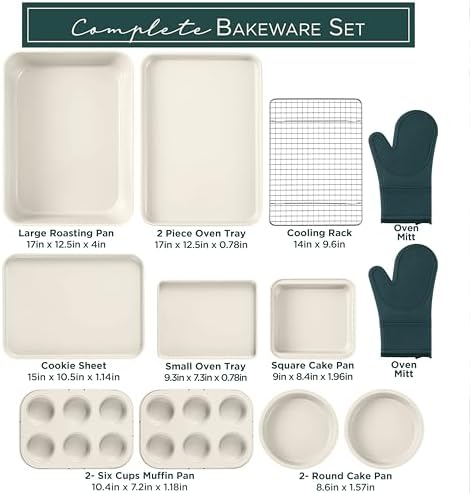 Country Kitchen Nonstick Stackable Bakeware Set - Deluxe Heavy Duty, Durable, Easy Release Baking Set, Sage, 13 Pcs