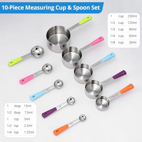 Bopei 10-Pcs Stainless Steel Measuring Cups & Spoons Set, Colorful