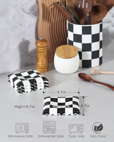 Ceramic Spoon Rest - Unique Checkered Spoon Holder Multipurpose for