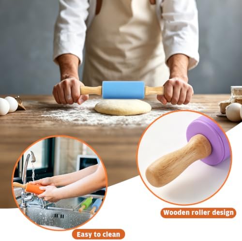 12 Pack 9 Inch Mini Silicone Rolling Pin for Kids Wooden Handle