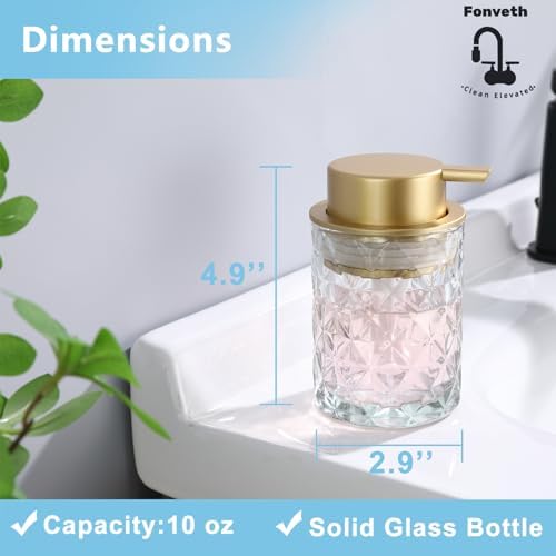 Foaming Soap Dispenser Clear Glass Bottle Gold Pump, Easy Refill and