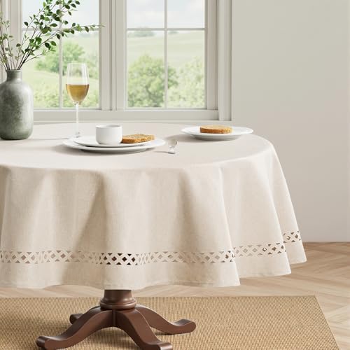 MIULEE Beige 60 Inch Round Linen Tablecloth with Decorative Cutouts