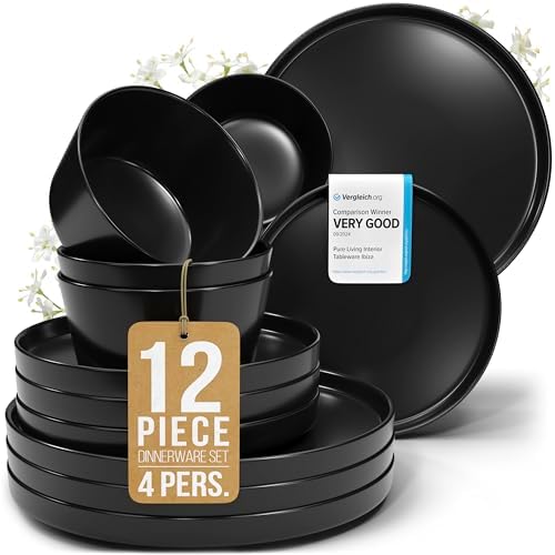 12 Piece Black Dinnerware Set for 4, Stoneware Black Plates and Bowls