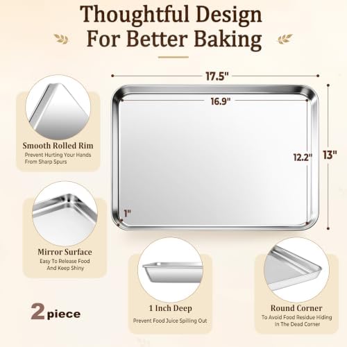 Stainless Steel Baking Sheet, 17.5" x 13" Cookie Sheet Set, 2-Pack