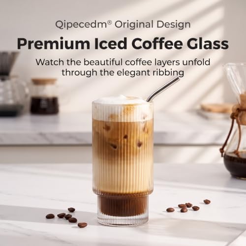 Qipecedm® 6 Pack Ribbed Drinking Glasses, 16 oz Vintage Glass Cups