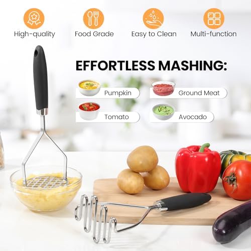 2Pcs Potato Masher Set with Silicone Handle, Premium Stainless Steel