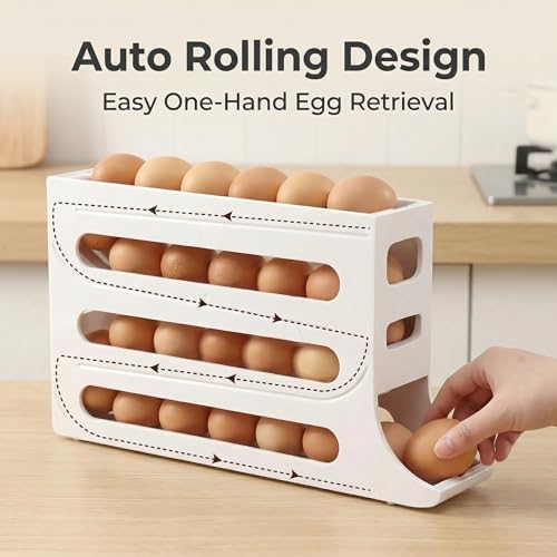 28 Egg Holder for Fridge, 4-Tier Auto Rolling Egg Organizer for