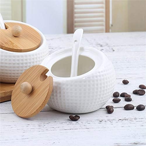 Porcelain Condiment Jar Spice Container with Lids - Bamboo Cap Holder