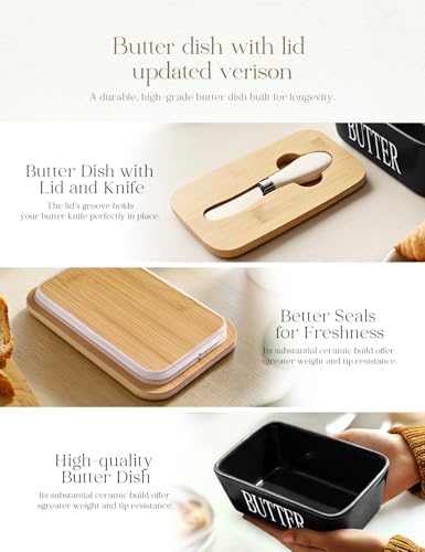 Ceramic Butter Dish with Lid and Knife & Silicone Seal for Countertop