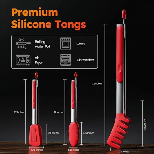 HST Non Stick Silicone Kitchen Tongs, 3 Pack 12 Inch Red BBQ Cooking